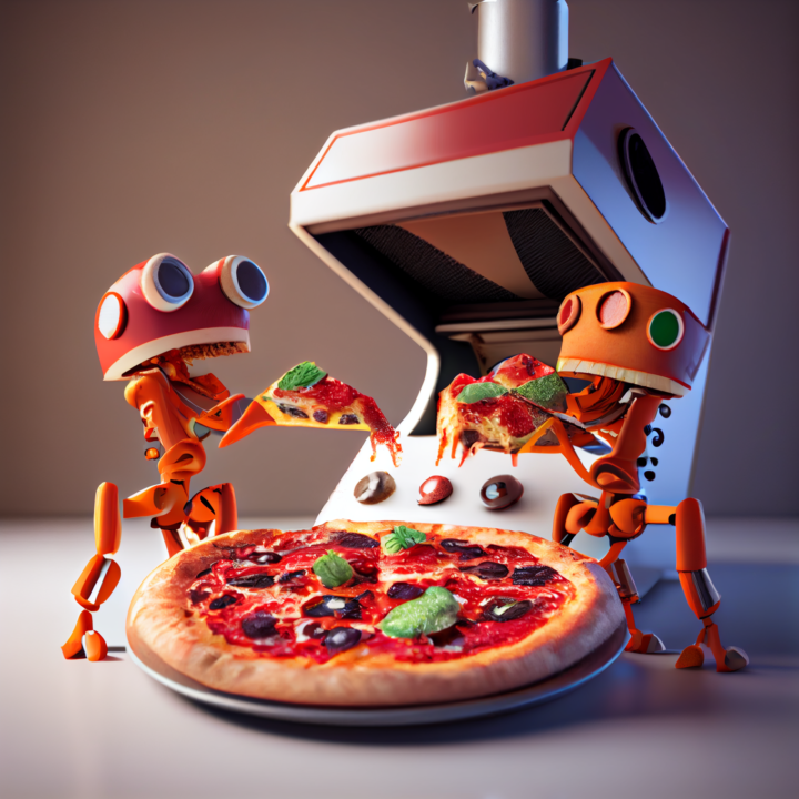 Two robots making a pizza